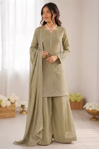 Olive green georgette thread with sequence plazzo suit