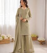 Olive green georgette thread with sequence plazzo suit