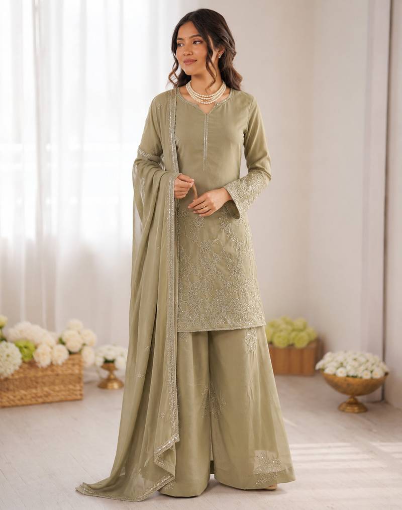 Olive green georgette thread with sequence plazzo suit