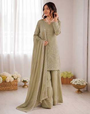 Olive green georgette thread with sequence plazzo suit 2