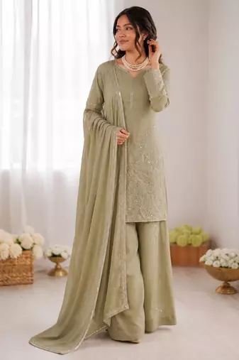 Olive green georgette thread with sequence plazzo suit