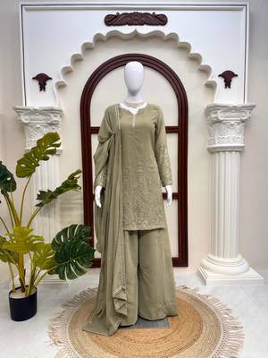 Olive green georgette thread with sequence plazzo suit 3