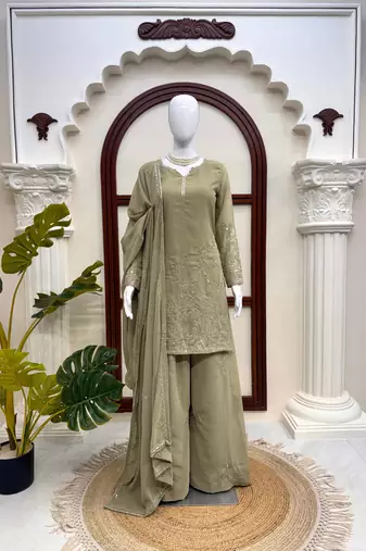 Olive green georgette thread with sequence plazzo suit