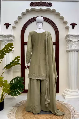 Olive green georgette thread with sequence plazzo suit
