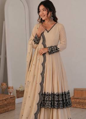 Cream georgette thread embroidered plazzo suit 1