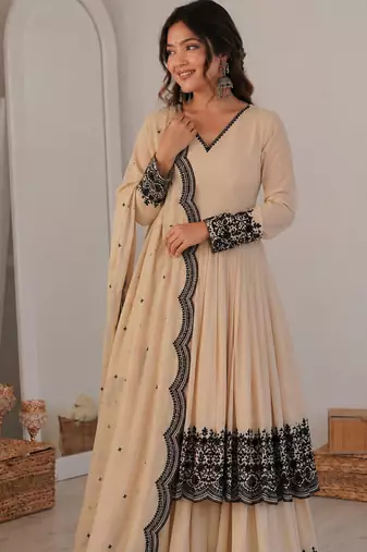 Cream georgette thread embroidered plazzo suit
