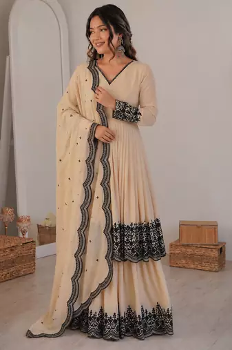 Cream georgette thread embroidered plazzo suit