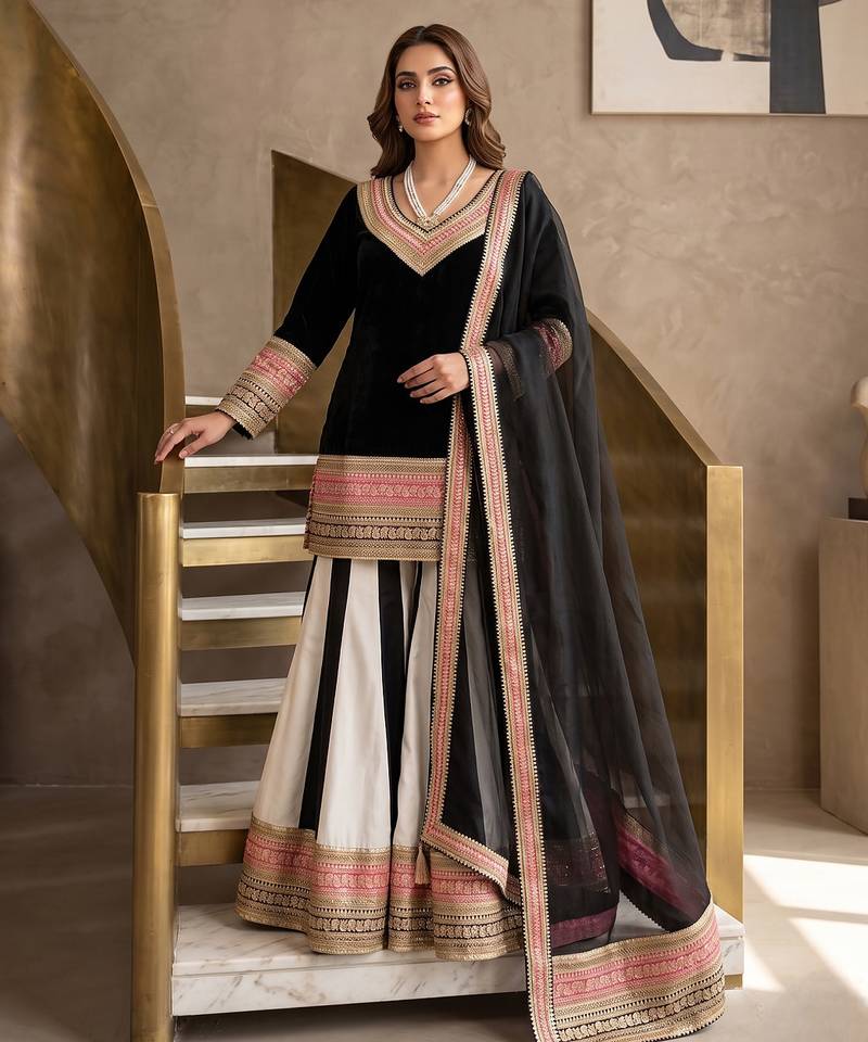 Elegant black sharara suit with heavy embroidered border dupatta