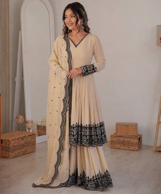Cream georgette thread embroidered plazzo suit 3