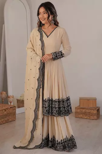 Cream georgette thread embroidered plazzo suit