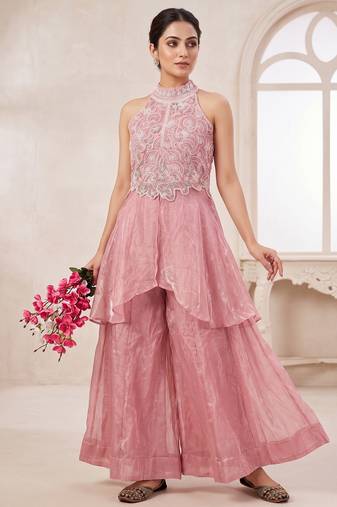 Elegant pink sequins embroidered peplum kurti with palazzo set