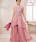 Elegant pink sequins embroidered peplum kurti with palazzo set