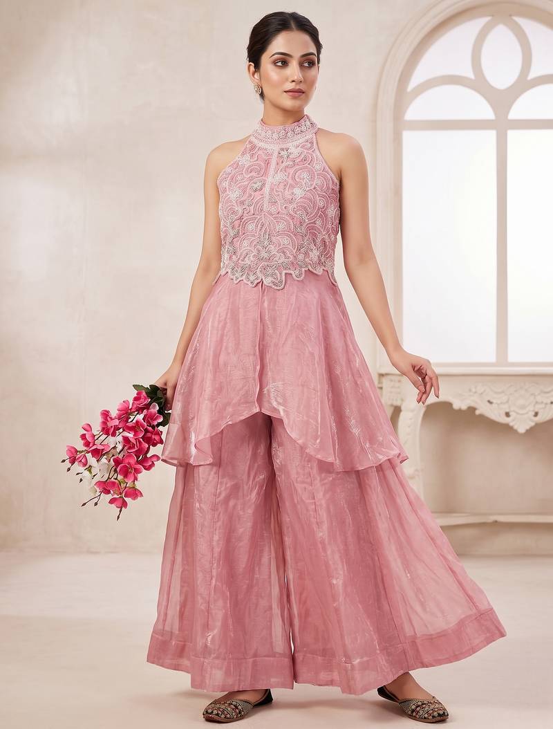 Elegant pink sequins embroidered peplum kurti with palazzo set