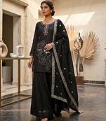 Black embroidered sharara suit set for women