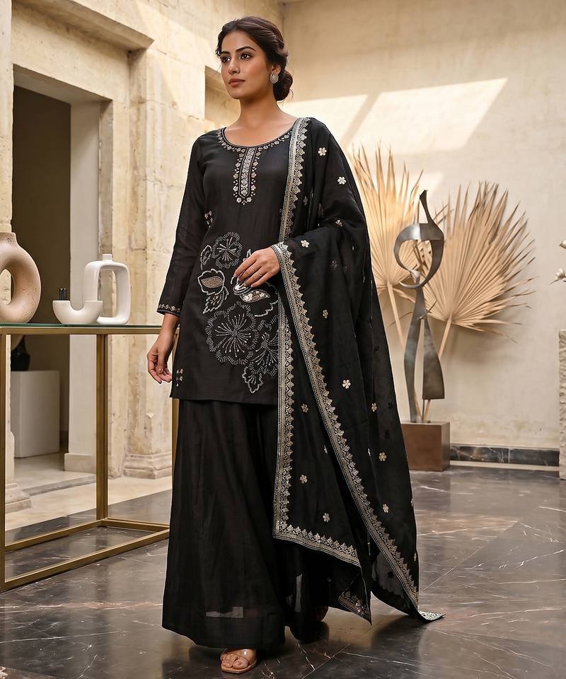 Black embroidered sharara suit set for women