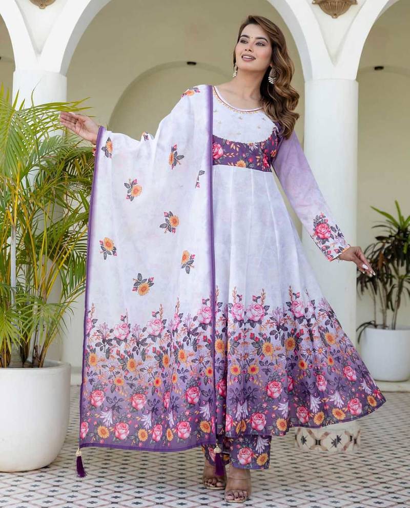 Lavender floral print anarkali suit with matching dupatta