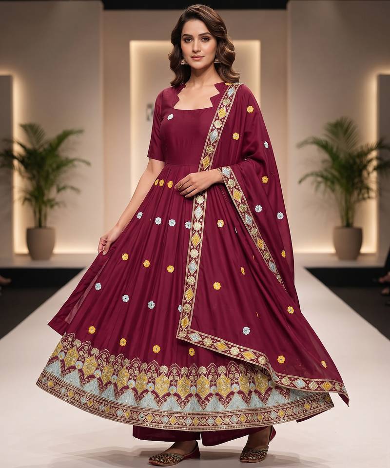 Elegant maroon flared anarkali dress with heavy border dupatta