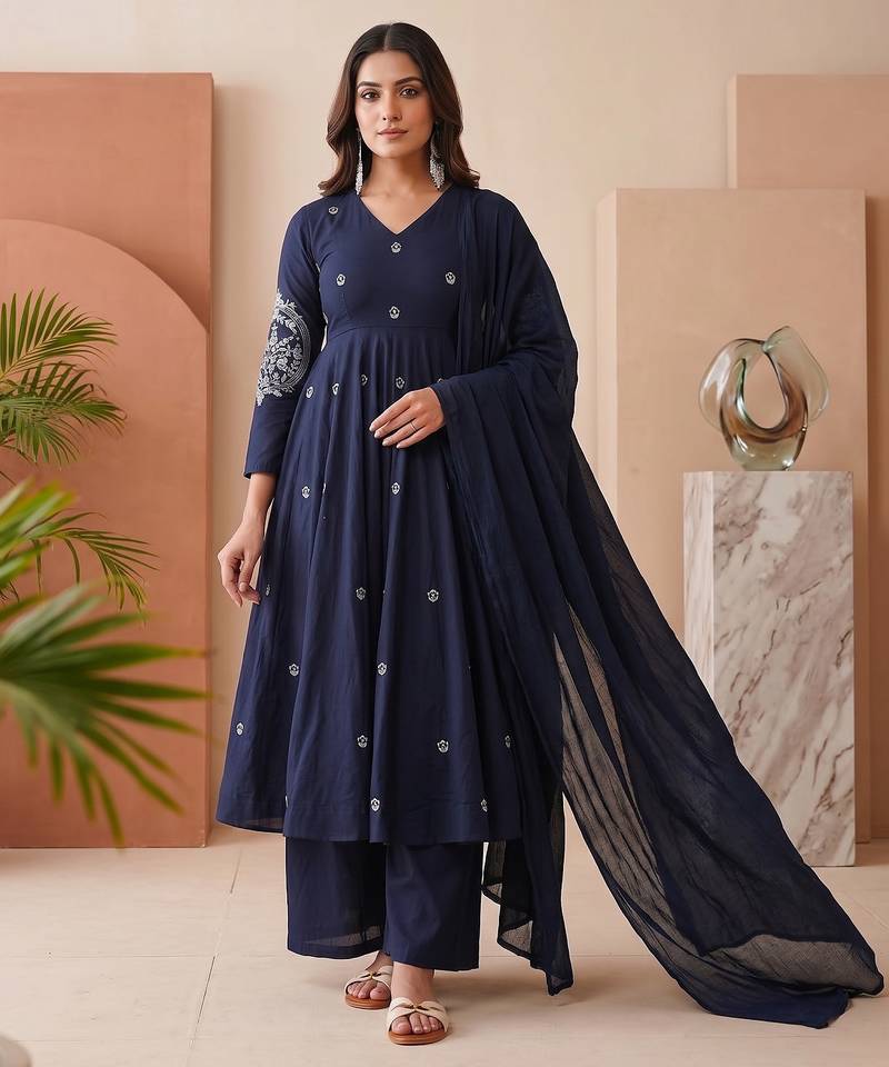Ethnic navy blue anarkali with matching dupatta