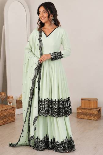 Pastel mint green georgette thread embroidered plazzo suit