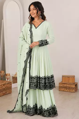 Pastel mint green georgette thread embroidered plazzo suit