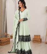 Pastel mint green georgette thread embroidered plazzo suit