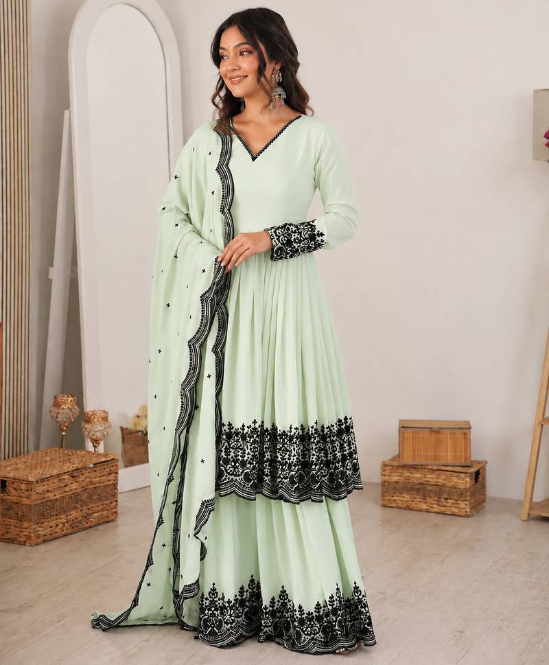 Pastel mint green georgette thread embroidered plazzo suit