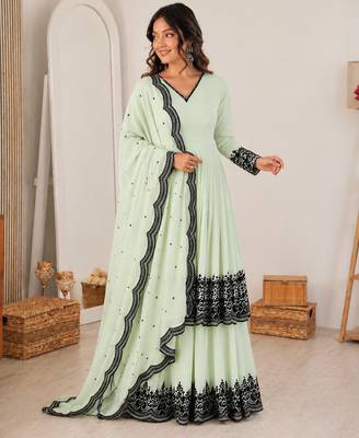 Pastel mint green georgette thread embroidered plazzo suit 2
