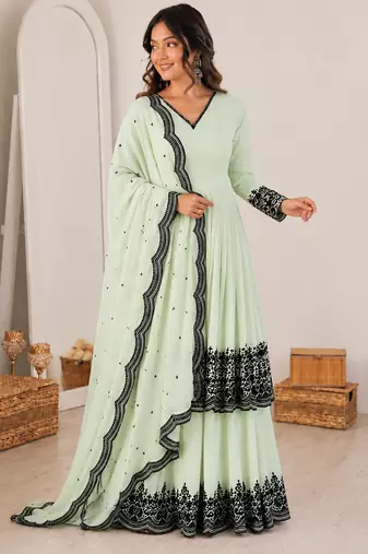 Pastel mint green georgette thread embroidered plazzo suit