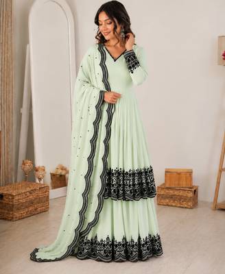 Pastel mint green georgette thread embroidered plazzo suit 3
