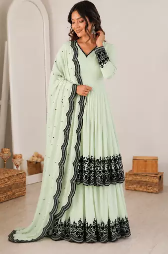 Pastel mint green georgette thread embroidered plazzo suit