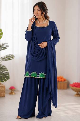 Blue american silk thread with sequence farshi plazzo suit