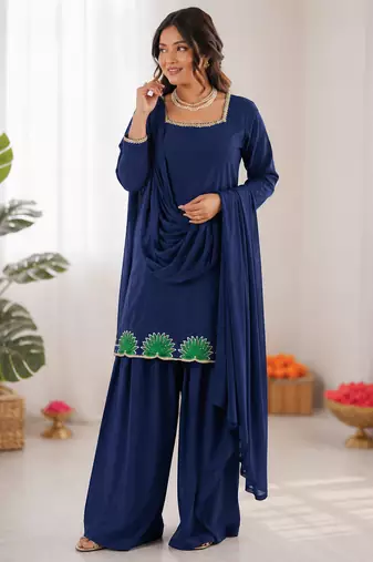 Blue american silk thread with sequence farshi plazzo suit