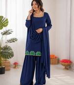 Blue american silk thread with sequence farshi plazzo suit