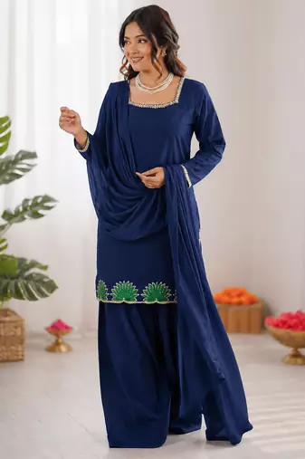 Blue american silk thread with sequence farshi plazzo suit
