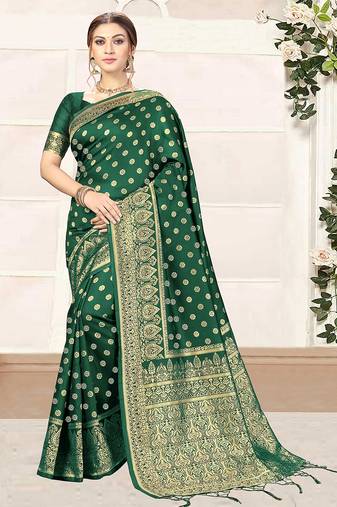 Dark Green woven banarasi silk blend saree with blouse