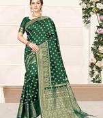 Dark Green woven banarasi silk blend saree with blouse