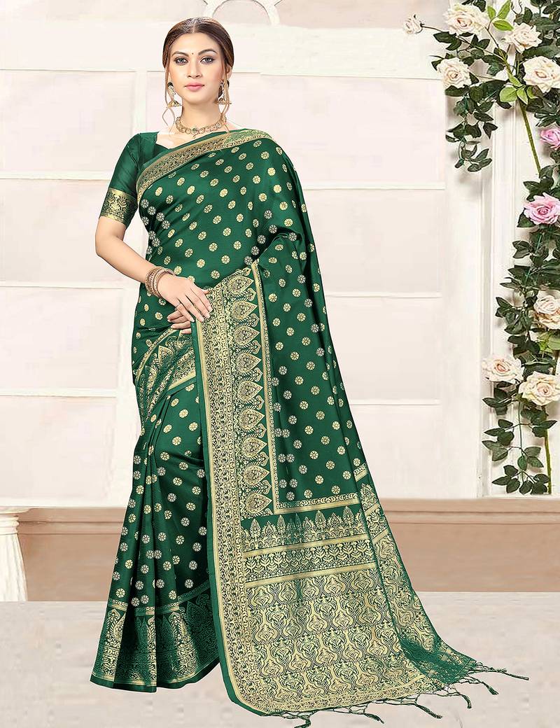 Dark Green woven banarasi silk blend saree with blouse