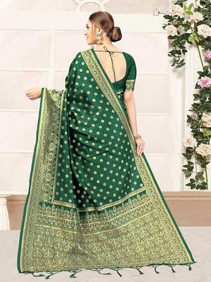 Dark Green woven banarasi silk blend saree with blouse 2