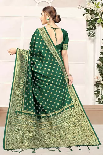 Dark Green woven banarasi silk blend saree with blouse