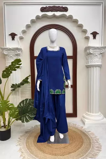 Blue american silk thread with sequence farshi plazzo suit