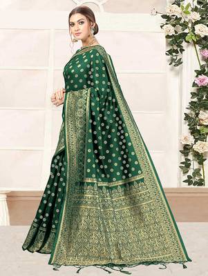 Dark Green woven banarasi silk blend saree with blouse 3