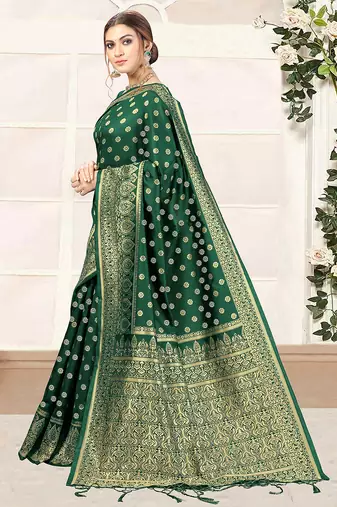 Dark Green woven banarasi silk blend saree with blouse