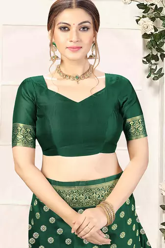 Dark Green woven banarasi silk blend saree with blouse