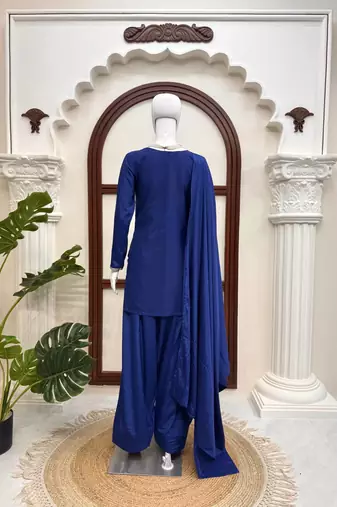 Blue american silk thread with sequence farshi plazzo suit