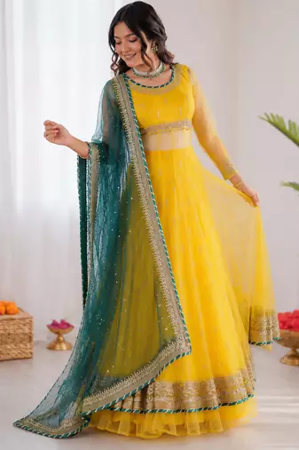 Yellow net thread with sequence lehenga style anarkali suit