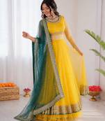 Yellow net thread with sequence lehenga style anarkali suit