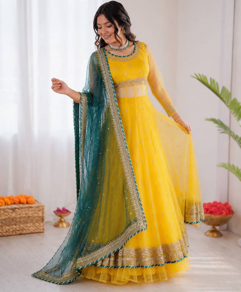 Yellow net thread with sequence lehenga style anarkali suit