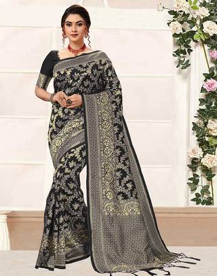 Black women's banarasi silk saree with unstitched blouse piece 1
