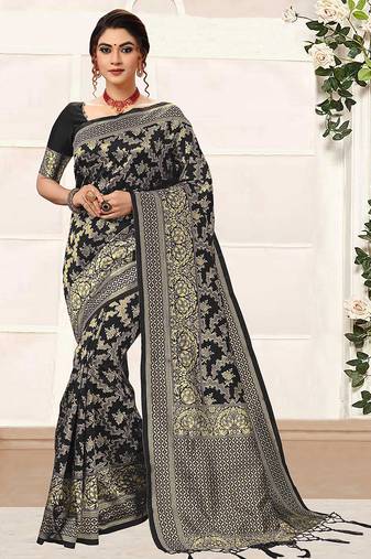 Black women's banarasi silk saree with unstitched blouse piece