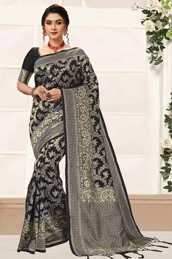 Black women's banarasi silk saree with unstitched blouse piece
